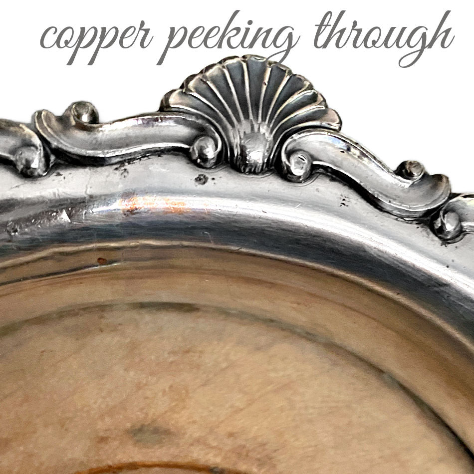 Detailed raised shell border on antique silver champagne coaster