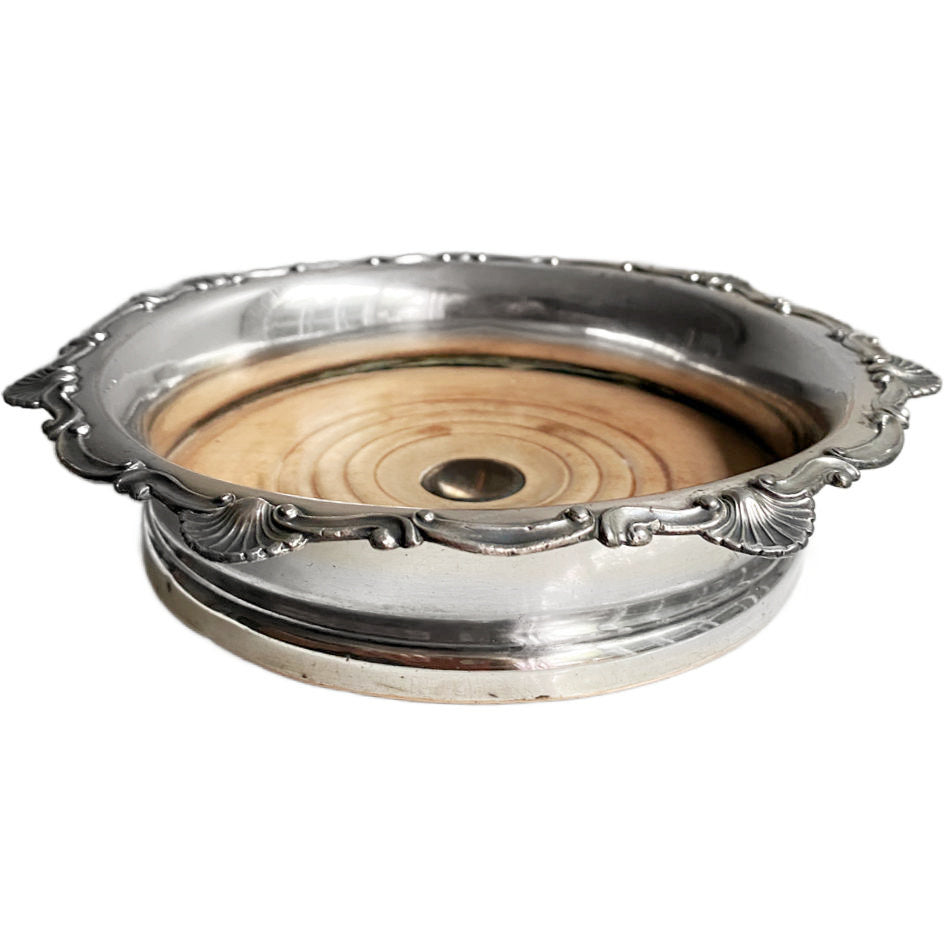 Antique silver-plated champagne bottle coaster with shell border detail 