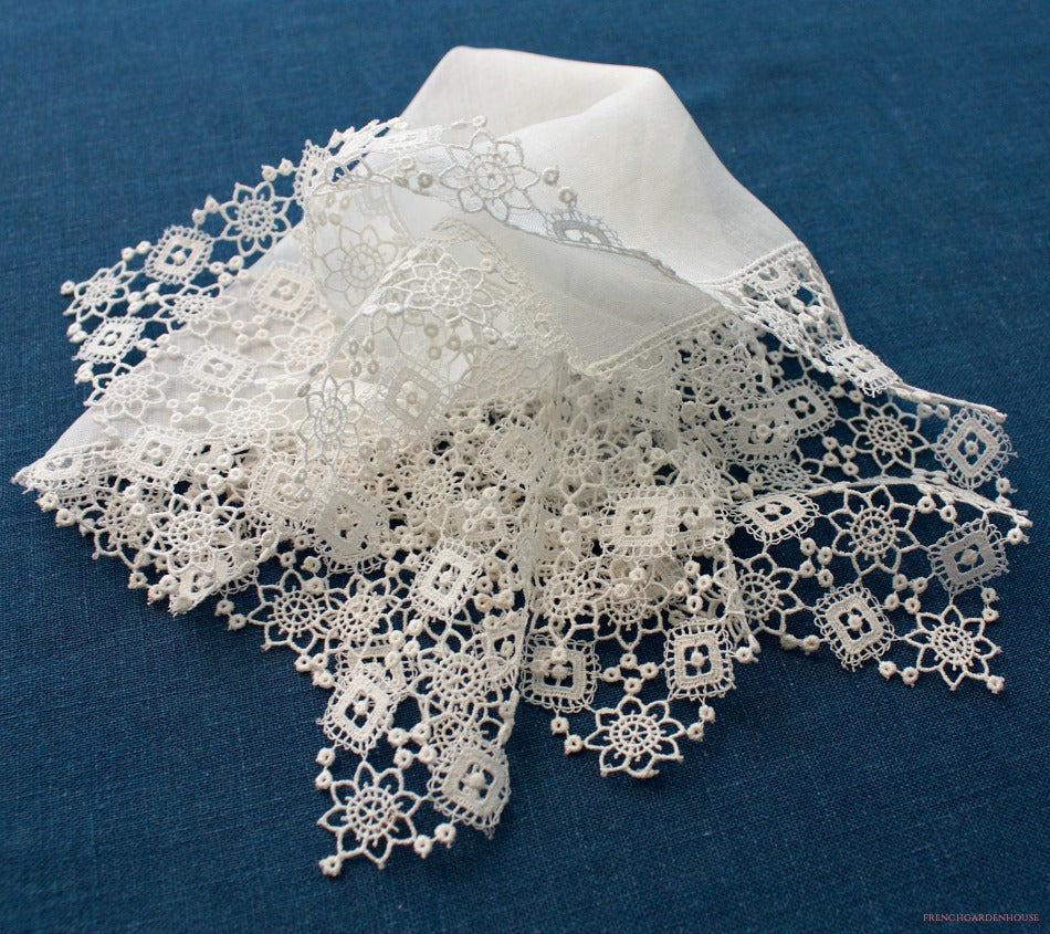 Antique White Linen Lawn Hand Made Lace Wedding Handkerchief