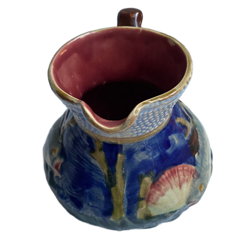Antique Staffordshire English Majolica Pitcher with Fish and Shells