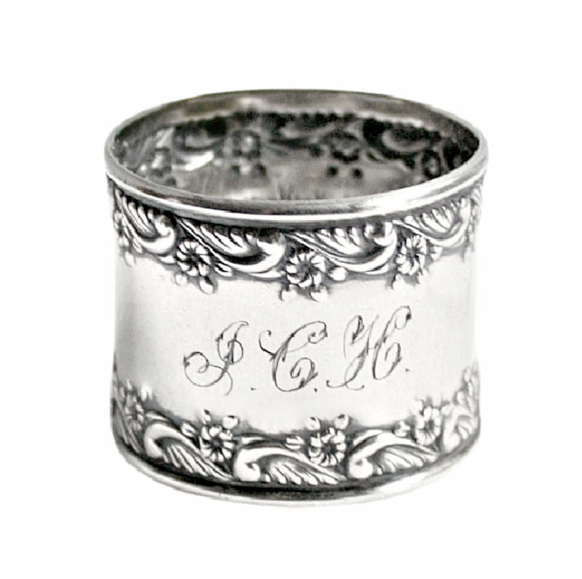 antique sterling napkin ring, Victorian silver, floral repoussé, monogrammed silver, French country table, heirloom silver, fine tableware