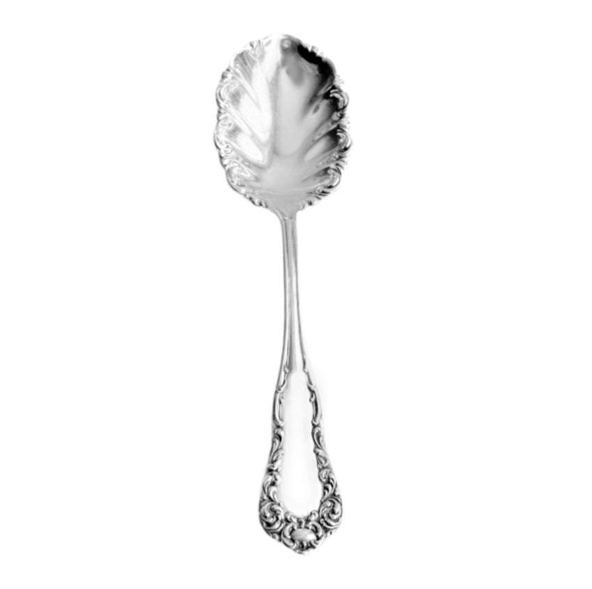 Antique sterling silver berry spoon with ornate rococo scrolls and scalloped bowl, elegant Victorian serving piece, sterling flatware collectible.