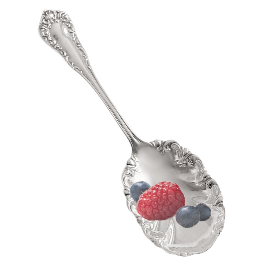 Antique sterling silver berry spoon with ornate rococo scrolls and scalloped bowl, elegant Victorian serving piece, sterling flatware collectible.