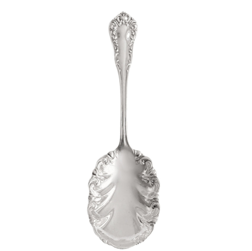 Antique sterling silver berry spoon with ornate rococo scrolls and scalloped bowl, elegant Victorian serving piece, sterling flatware collectible.