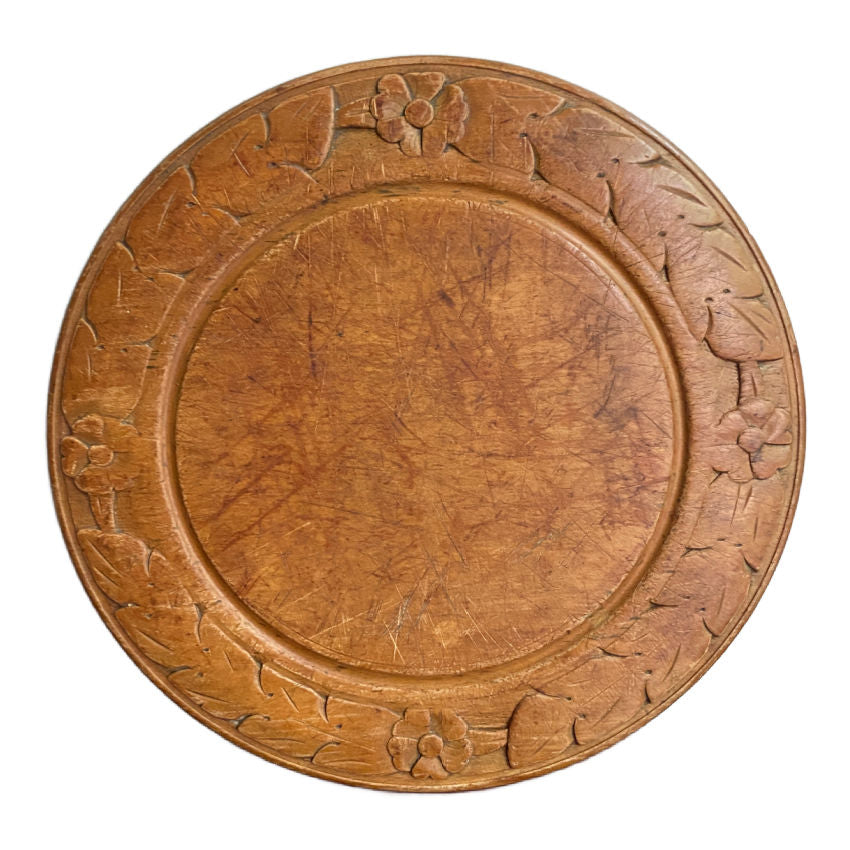 antique sycamore round bread board with wild rose carving
