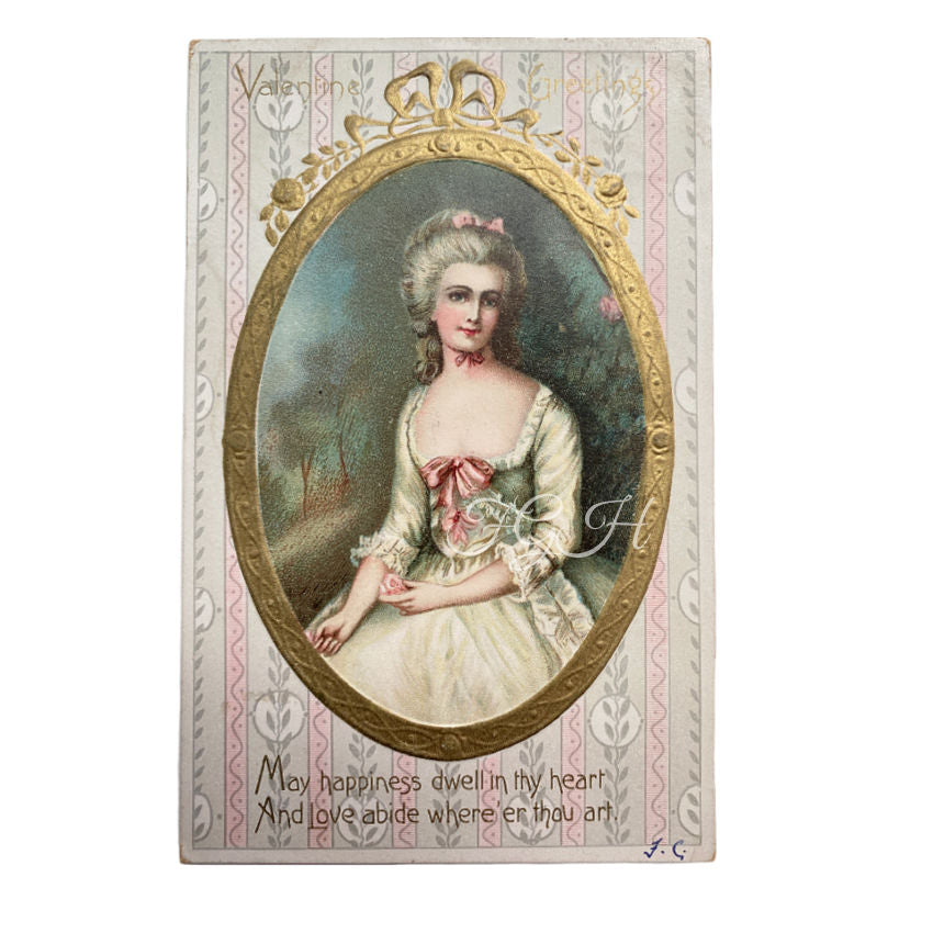 Antique Valentine Portrait Raphael Tuck Floral Missives Postcard in pink ribboned dress holding a rose