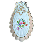Exquisite unmarked Vieux Paris shell dish, hand-painted floral bouquet, apricot-pink rim, and gilt accents. Decorative, collectible 19th-century French porcelain.