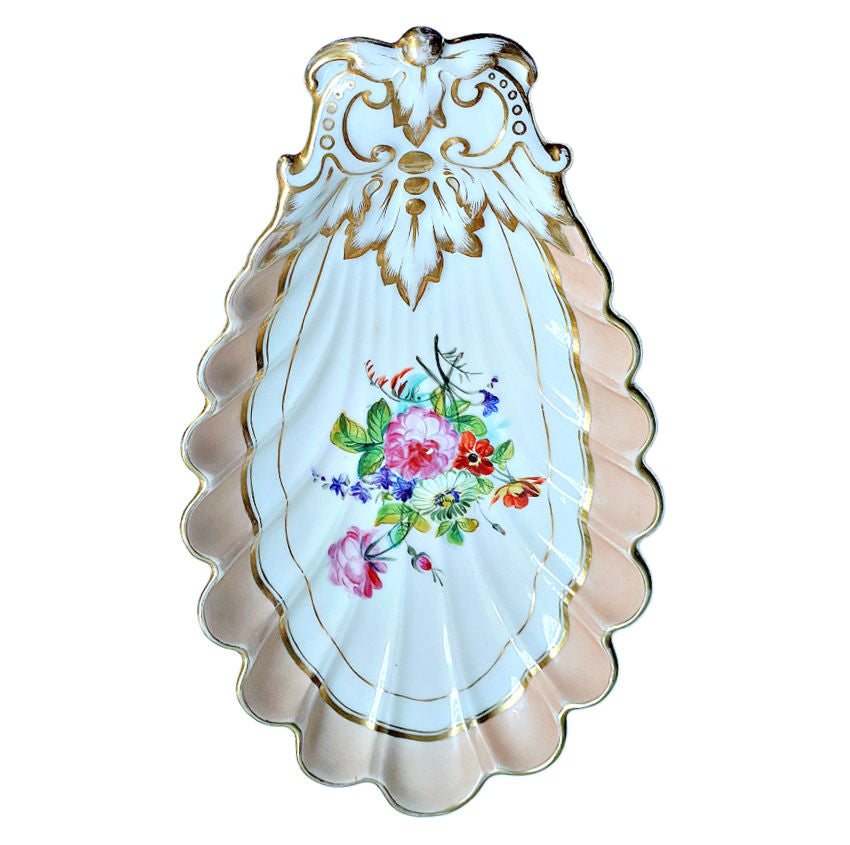 Exquisite unmarked Vieux Paris shell dish, hand-painted floral bouquet, apricot-pink rim, and gilt accents. Decorative, collectible 19th-century French porcelain.