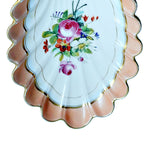 Exquisite Hand painted Vieux Paris shell dish, with a pink roses floral bouquet, apricot-pink rim, and gilt accents. 