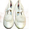 Rare antique  white leather bridal shoes adorned with ethereal chiffon roses. Romantic historic wedding footwear, beautifully preserved.