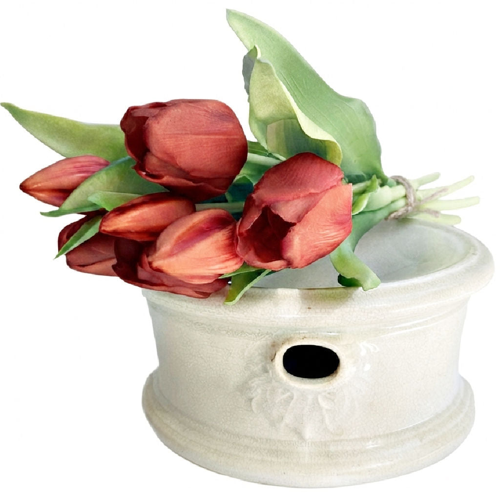 Antique 19th-century French ironstone cuspidor with distinctive two-spout silhouette with red tulips