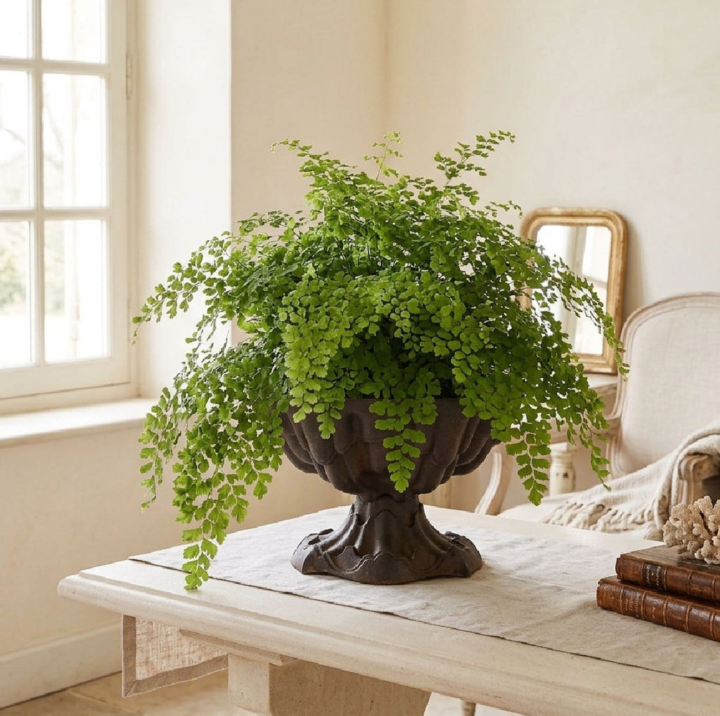 Antique cast iron urn with sculptural scalloped sides and pedestal base with Maidenhair fern