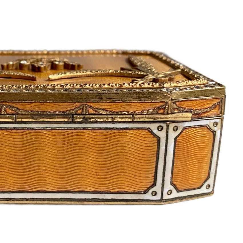 Detail of Antique late 19th-century European guilloché enamel box with paste stones and guilloche gold and white enamel