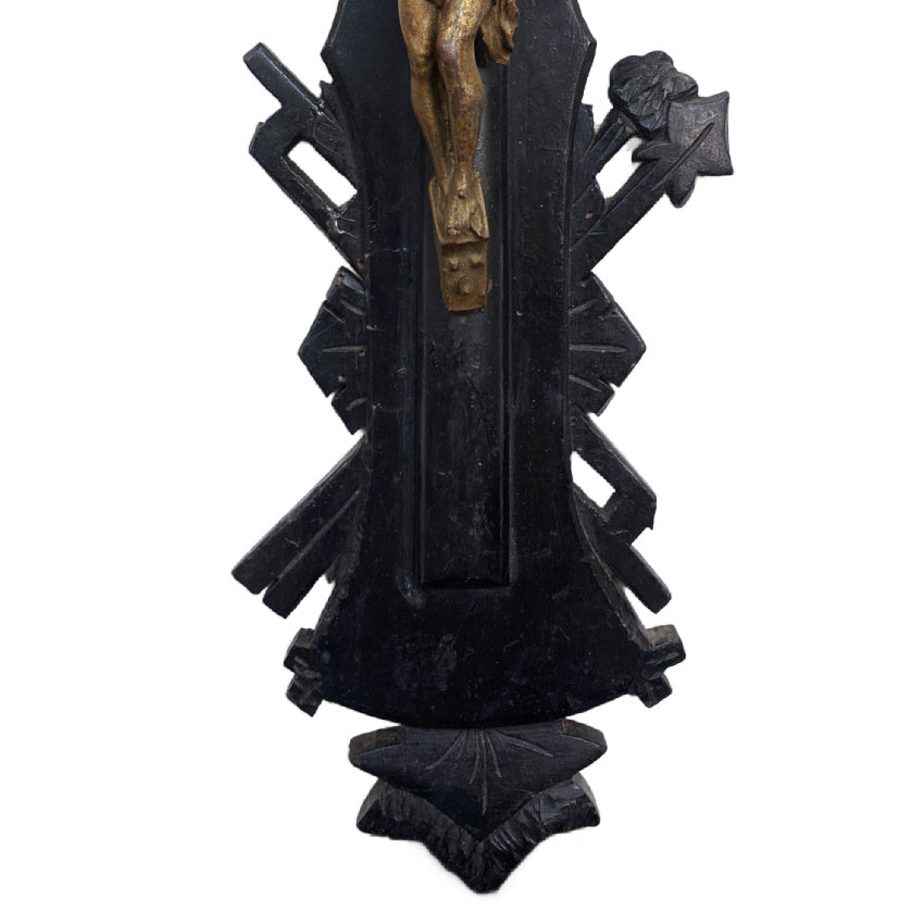 19th century French religious antique wall cross with carved wood details