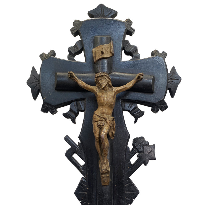 Hand carved French black ebonized wood wall crucifix with bronze figure