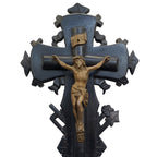 Hand carved French black ebonized wood wall crucifix with bronze figure