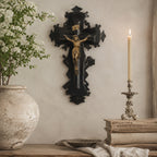Antique French devotional crucifix displayed in an elegant European home
