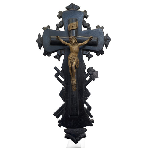 Antique 19th century French ebonized wood crucifix with bronze Corpus of Christ