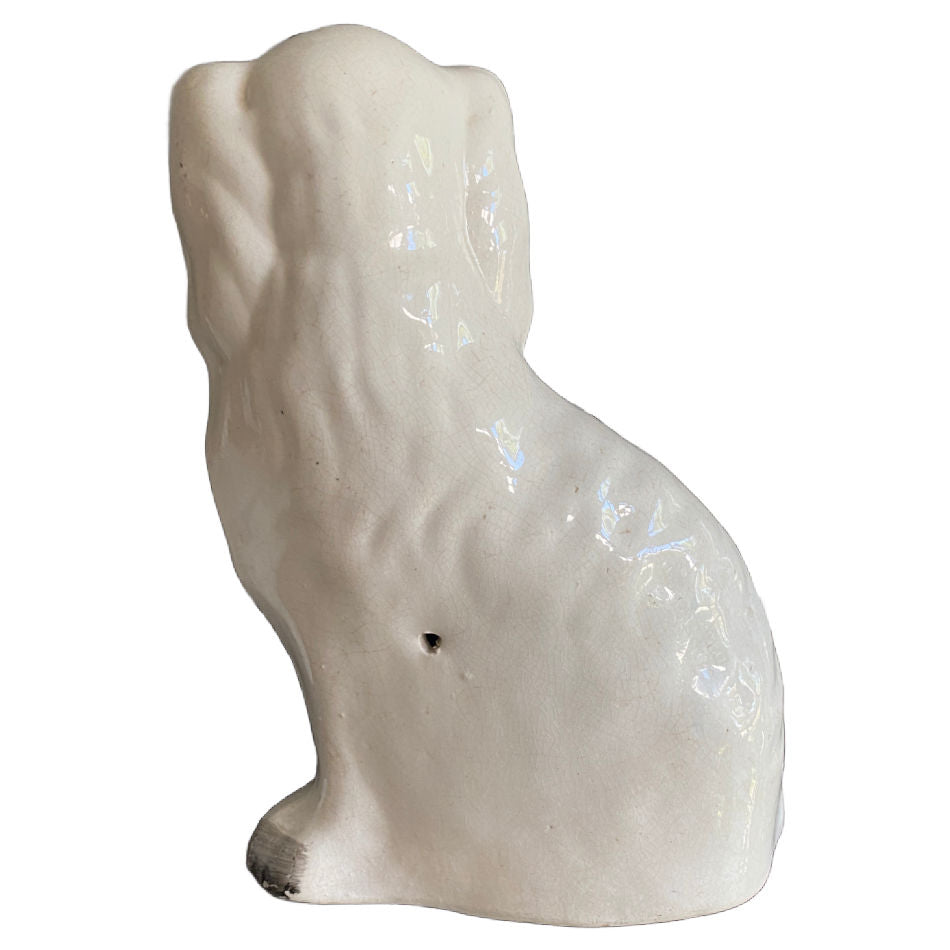19th century English pottery Staffordshire dog with cream coat and gold decoration back view