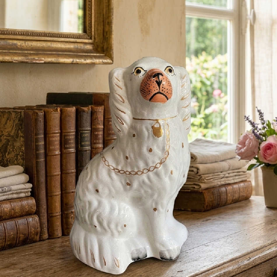 Antique Staffordshire dog figurine displayed in a collected English country home