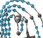 Rare antique Catholic rosary aqua blue glass beads detailed silver filigree devotional jewelry close up of silver heart