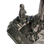 Antique Notre Dame de Lourdes figure in dark metal with gold halo, 5¼ × 3½ × 7⅞ inches, collectible French religious art showing Bernadette