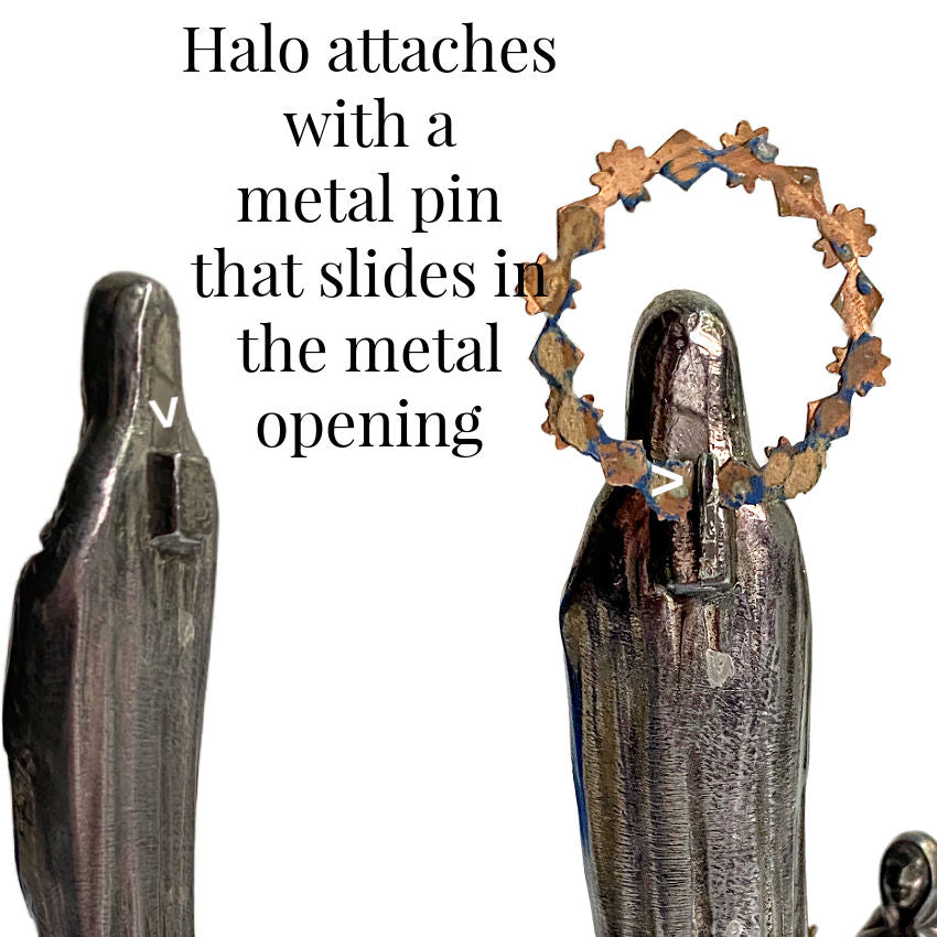 Antique Art Deco Madonna in regule with gilded halo back view