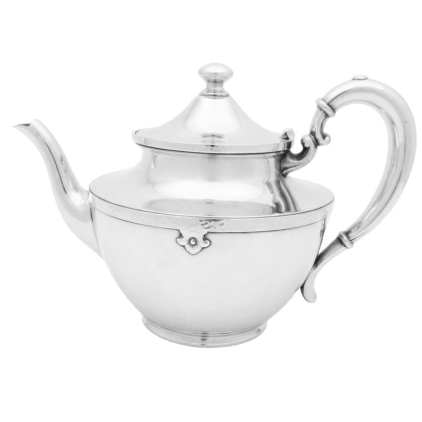 Antique Art Deco silver plated teapot with hammered band and curved spout