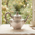 Antique Art Deco silver plated teapot with rounded body, curved handle and long elegant spout on table in front of garden