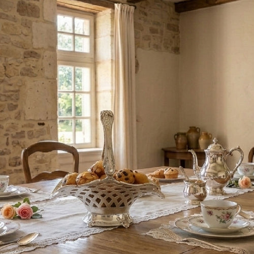 Styled antique basket filled with muffins in elegant dining room setting in a French country home