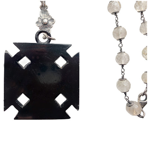 Antique black mourning Maltese Cross necklace with rutilated quartz beads, one-of-a-kind statement jewelry, symbolic collectible gift for discerning collectors.