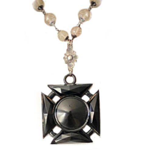 Antique black mourning Maltese Cross necklace with rutilated quartz beads, one-of-a-kind statement jewelry, symbolic collectible gift for discerning collectors.