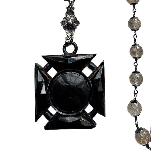 Antique black mourning Maltese Cross necklace with rutilated quartz beads, one-of-a-kind statement jewelry, symbolic collectible gift for discerning collectors.