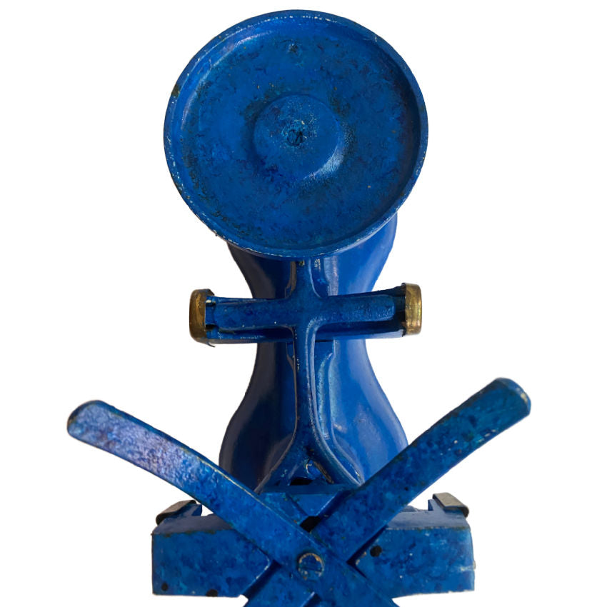 close up of blue painted view decorative antique balance scale collectible object

