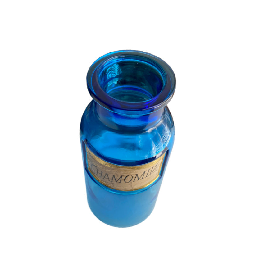 Antique Blue Glass Apothecary Jar with Original Chamomila Label