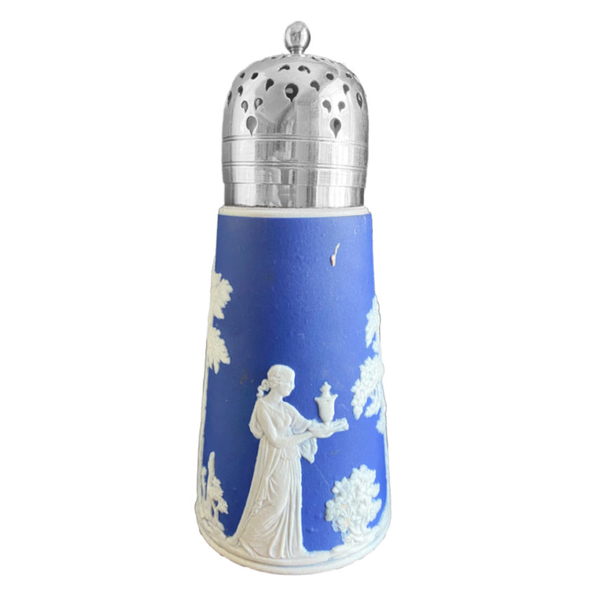 Silver-plated pierced lid on antique blue jasperware sugar shaker