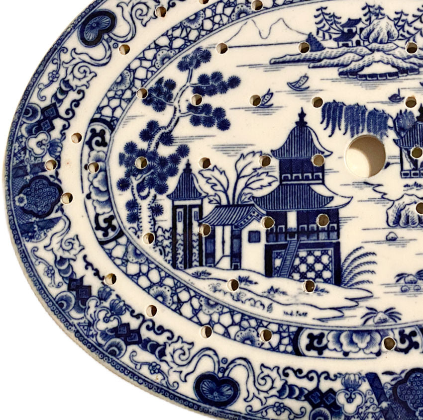 Ashton and Sons, Luxe Antique, Staffordshire Blue and White, Chinoiserie Drainer, 1862 English Pottery, Fine Transferware, Blue and White Decor, Pagoda Scene, Collectible Blue and White, Victorian Tableware, English Country House, Rare Antique China, Decorative Plate, Fish Drainer, Heirloom Quality