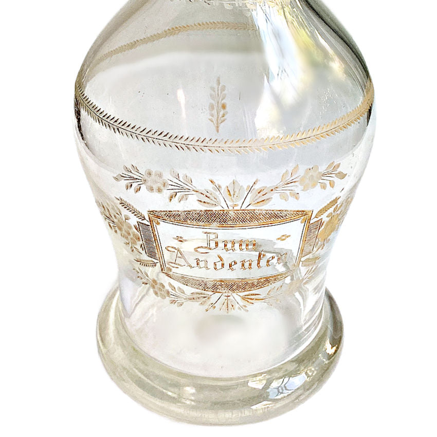 Close up floral cartouche Zum Andenken antique German Bohemian engraved glass decanter