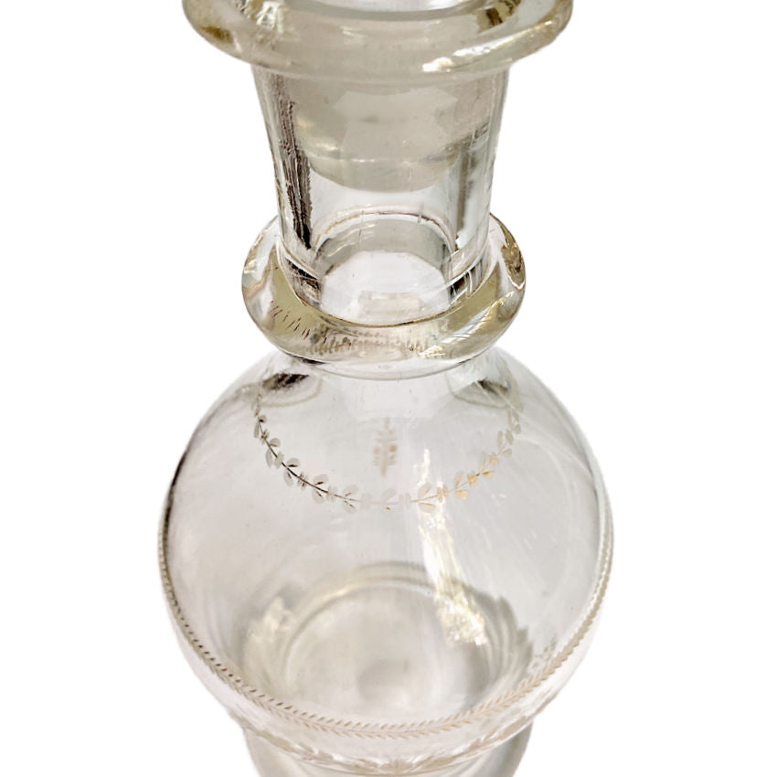 Antique etched glass decanter Bohemian friendship glass leaf band detailing clear glass