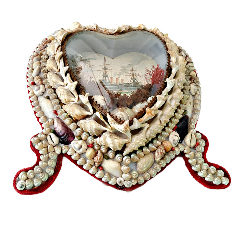 Antique shellwork heart with original domed glass