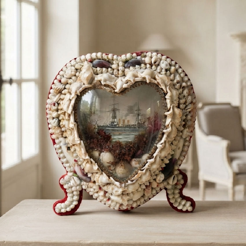 Antique Heart-form sailor’s valentine displayed in an elegant interior