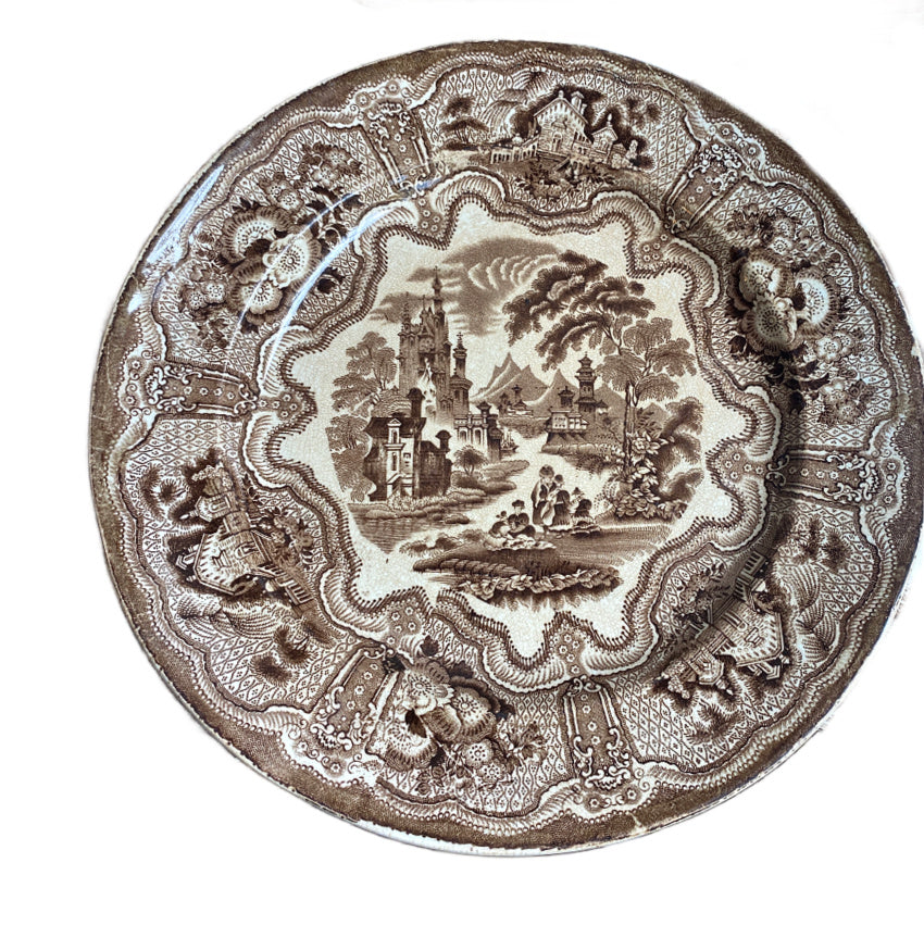 Antique Brown & White 1850's Transfer Plates Set of 8