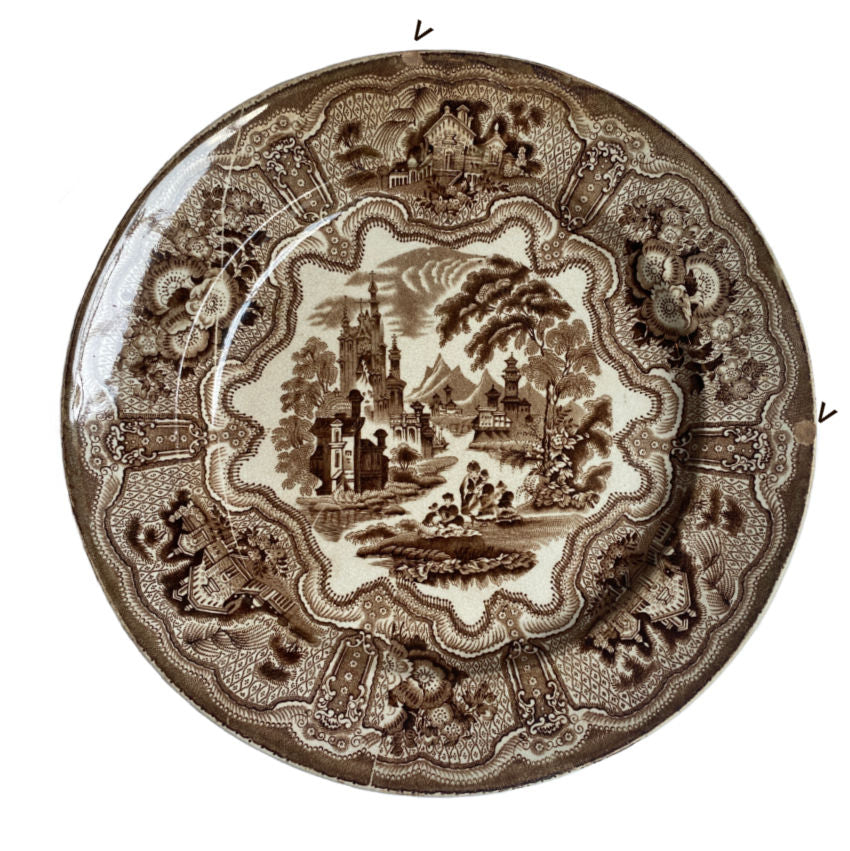 Antique Brown & White 1850's Transfer Plates Set of 8