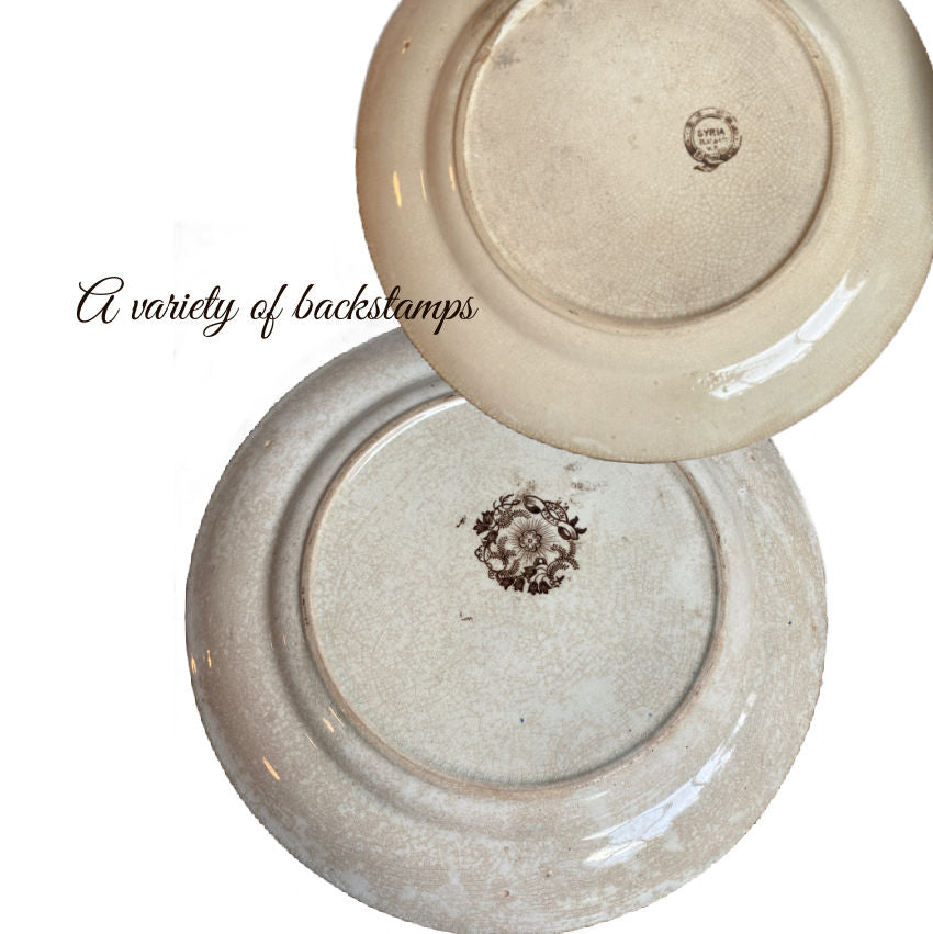 Antique Brown & White 1850's Transfer Plates Set of 8