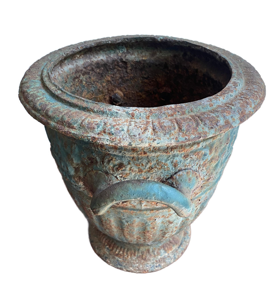 Original French 19th century patinated cast iron urn top view