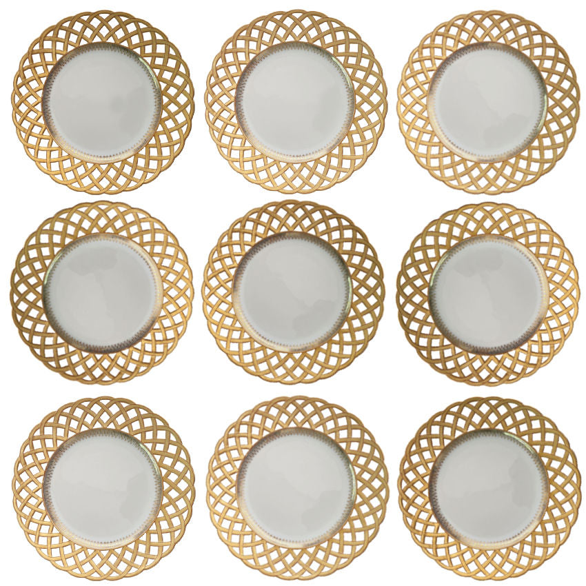 Set of niine Belle Epoque French plates made in Paris with delicate pierced borders and fine porcelain construction made by Pillivuyt .
