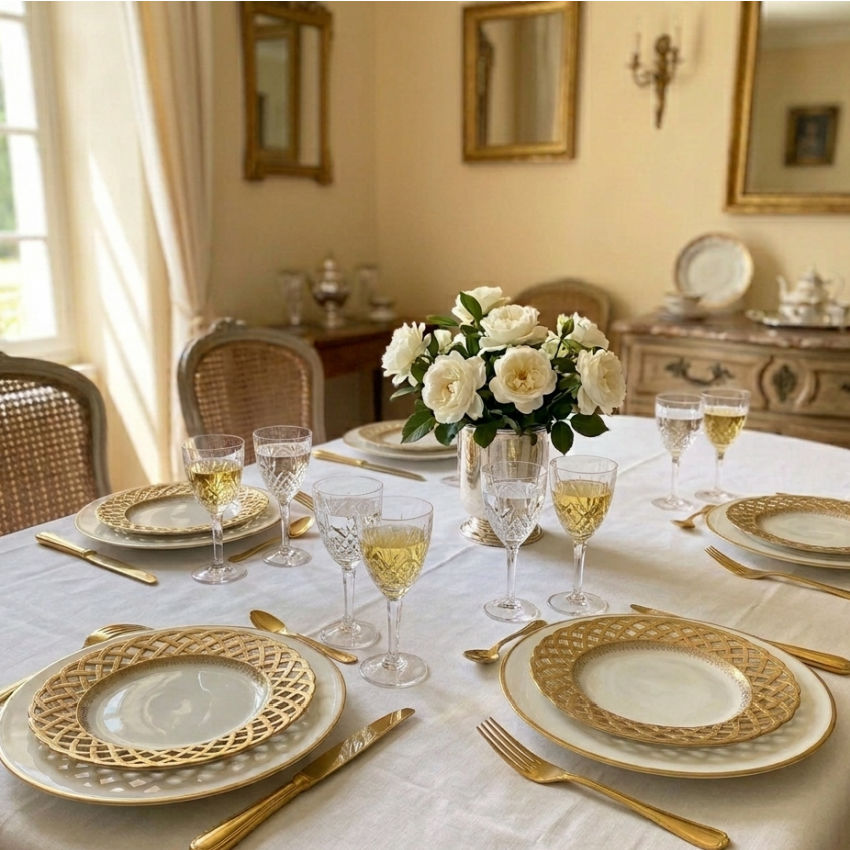 Antique French pierced porcelain plates by Pillivuyt displayed elegantly on a table in a French country interior