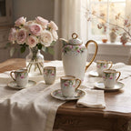 Antique hand-painted Vienna porcelain chocolate service styled on a table