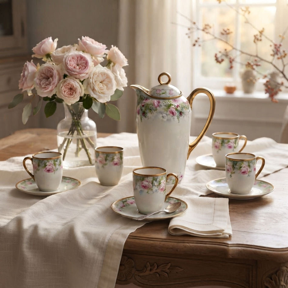 Antique hand-painted Vienna porcelain chocolate service styled on a table