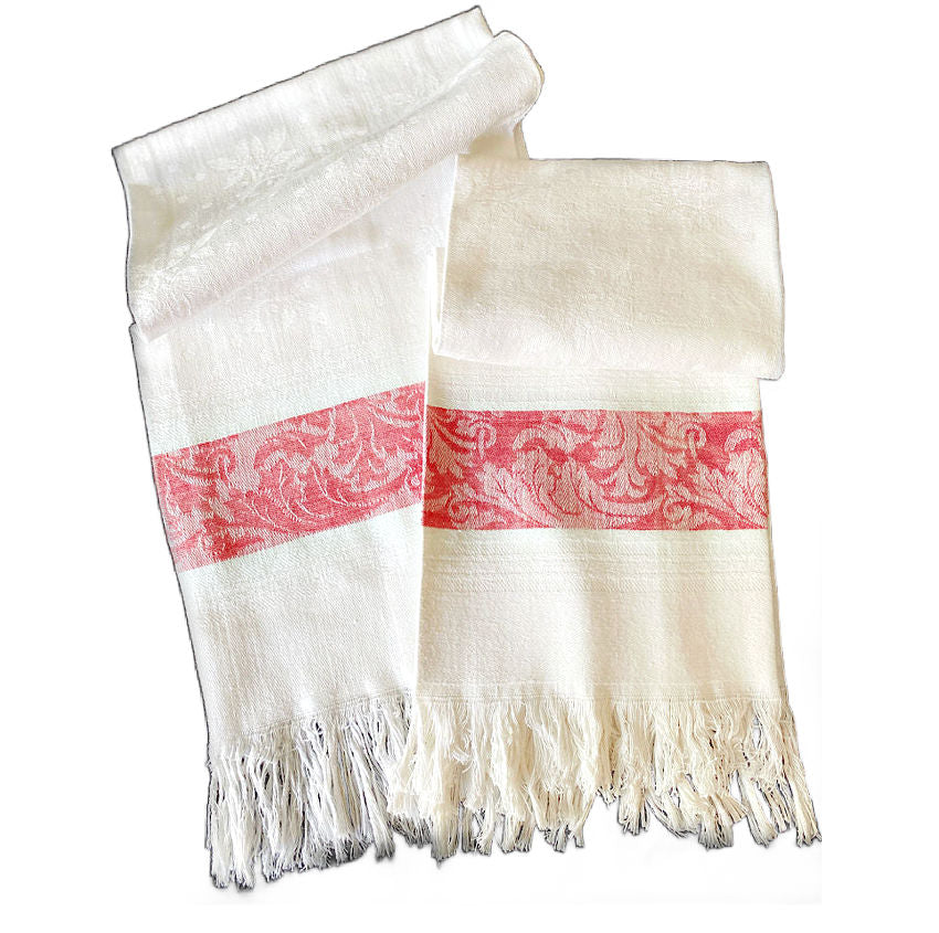 Pristine white French linen with a foliate design woven in. Such a charming set of hand towels, the red borders have French Country scroll designs.